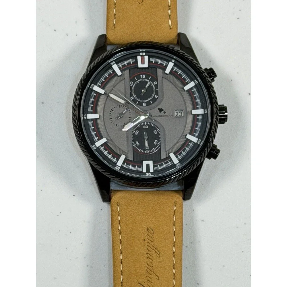 Automatic Mechanical Men’s Watch 44mm Black Case Brown Leather Strap New